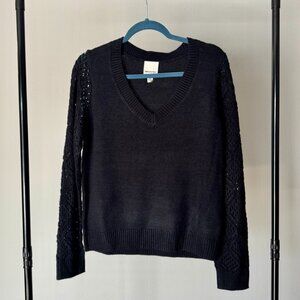 Industry Black V-Neck Sweater with Open-Knit Sleeves